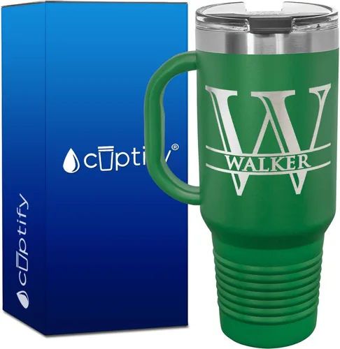 Vista 39 de Vaso personalizado de regalo de cumpleaños para mujeres y hombres, con monograma de escritura dividida, inicial y nombre grabado en negro, taza