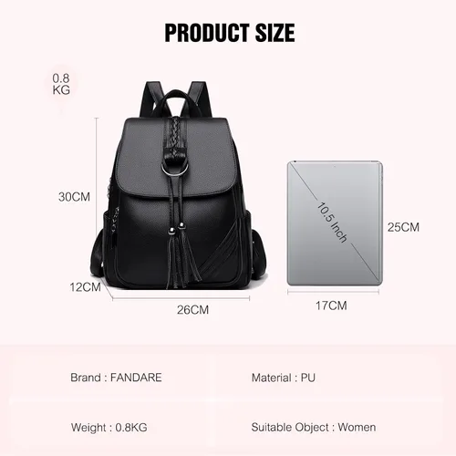 Vista 3 de FANDARE Mochila vintage para mujer con borla, mochila de cuero PU para mujer, Negro, Grande