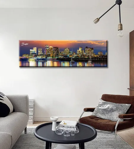 Vista 6 de DJSYLIFE - Cuadros de pared con paisaje urbano de Boston, lienzo impreso en colores, imágenes nocturnas de la ciudad de EE. UU., pósteres