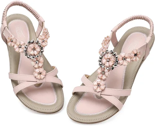 Vista 5 de SHIBEVER - Sandalias planas para mujer, lindas y cómodas, con correa de tobillo, estilo bohemio, elegante, zapatos planos de verano