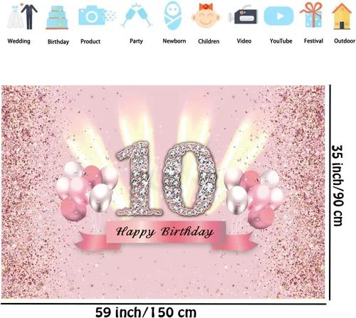 Vista 2 de Decoraciones de cumpleaños número 10 para niñas, cartel de fondo de feliz cumpleaños número 10, cartel de tela para fiesta de 10 años de edad