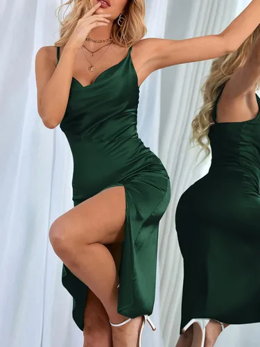 Vista 6 de LYANER - Vestido de satén para mujer, sin mangas, por debajo de la rodilla, con cuello drapeado, holgado y tirantes delgados, estilo camisola