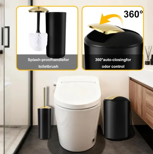 Vista 4 de BSSN Juego de 25 accesorios de baño negros y dorados con cortina de ducha y alfombras, basura, cepillo de inodoro, dispensador de jabón, soporte