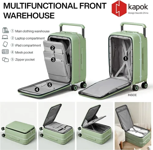 Vista 3 de mixi Maleta de viaje con ruedas de diseño de lujo con asa ancha para equipaje, con marco de aluminio, ruedas giratorias, Verde aguacate