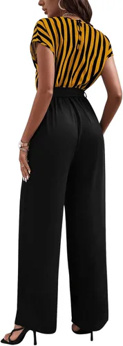 Vista 2 de SweatyRocks Enterizo de manga corta a rayas para mujer, con lazo frontal, pierna ancha