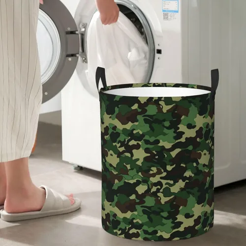 Vista 7 de Aniaml Camouflage Green print Circular Hamper Waterproof Storage Bin Organizer Basket Laundry Hamper With Handles For Clothes Toys Small