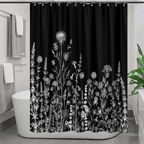 Vista 18 de Cortina de ducha de mariposa floral negra y dorada, cortina de ducha bohemia con diseño botánico de flores oscuras para baño con gancho, juego