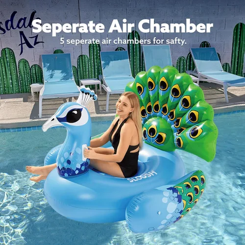 Vista 2 de JOYIN Flotador inflable de pavo real para piscina, flotadores gigantes de playa divertidos de pavo real, decoraciones de fiesta en la piscina