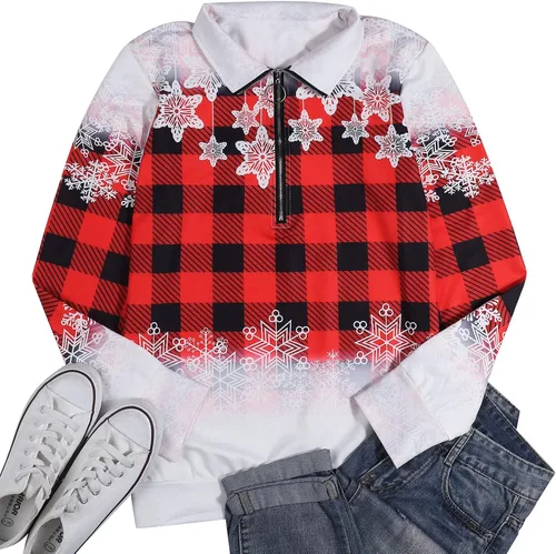 Vista 5 de BANGELY Sudaderas de Navidad a cuadros para mujer, con cremallera, solapa, túnica de manga larga para Navidad