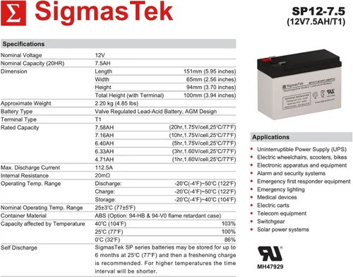 Vista 3 de SigmasTek Ultracell UL7.5-12 Batería compatible, 12V 7.5Ah F1 SP12-7.5 (T1)