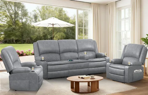 Vista 10 de Sofá reclinable de 3 plazas, sofá reclinable con consola elevable (tela, azul) Reclining Sofa with USB Removable Armrest, RV Sofa with Cup Holder