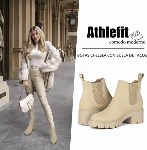 Vista 2 de Athlefit Botas Chelsea para Mujer con Suela Rugosa de Moda, Tacón Grueso, Botines de Tobillo Elásticos sin Cordones Albaricoque