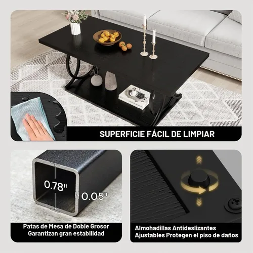 Vista 5 de BECHAEO Mesa auxiliar industrial moderna para sala de estar, 41.7 pulgadas, parte superior rectangular de madera gruesa con patas de arco de metal