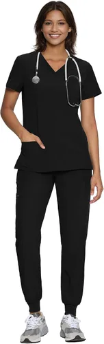 Vista 6 de floralhue Conjunto de ropa quirúrgica para mujer con cuello en V y Negro
