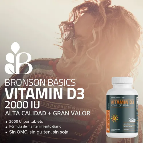 Vista 3 de Bronson Vitamina D3 2000 UI (50mcg) Sin OGM, 360 tabletas