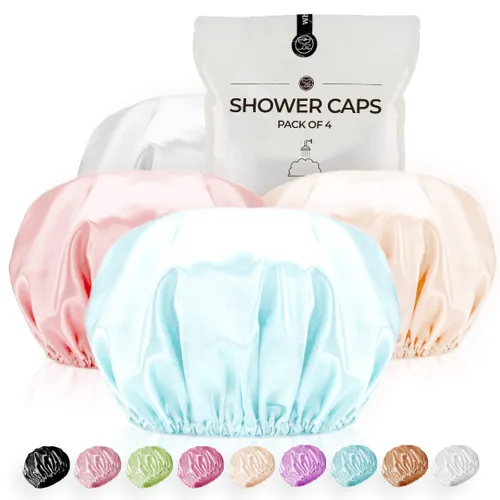 Vista 7 de Gorro de ducha para mujer, reutilizables, extra grandes, para hombres, de satén, de doble capa, EVA, impermeable, gorro de pelo largo
