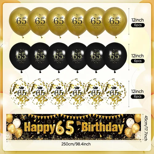 Vista 4 de Decoraciones de cumpleaños número 65 para hombres y mujeres, cartel negro y dorado para patio y 18 globos de feliz cumpleaños para suministros