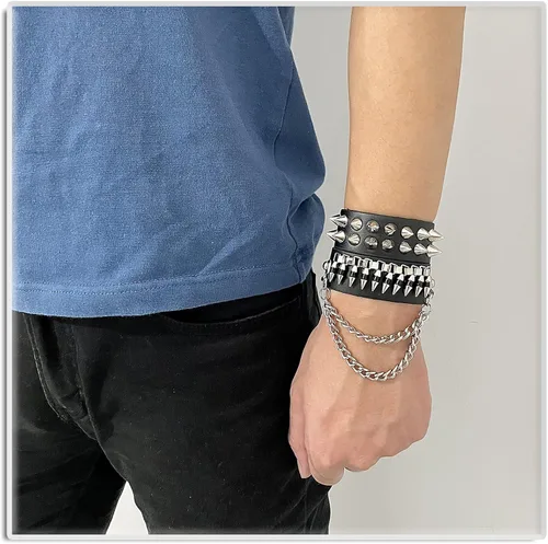 Vista 6 de Xusamss 2 pulseras punk, de aleación, remaches, bala, cadena, cuero, 7 1/2 muñecas