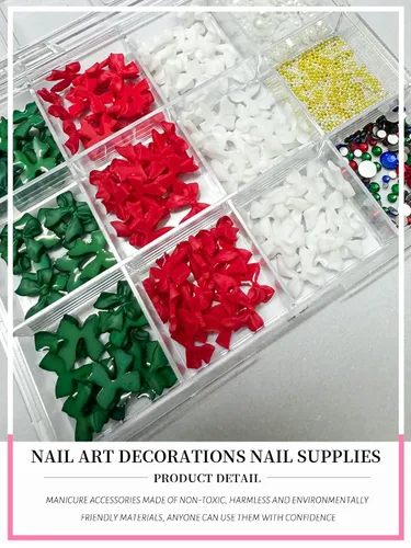 Vista 3 de CYHYII - Lazos 3D para arte de uñas, lazos coloridos mezclados con pajarita roja, verde, azul, diamantes de imitación para uñas, parte trasera
