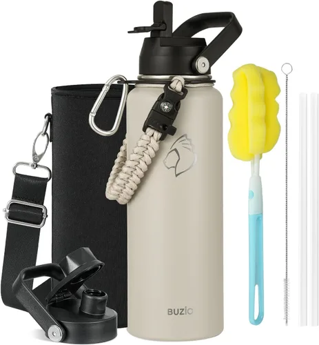 Vista 40 de BUZIO Botella de agua de 32 onzas aislada con popote y 3 tapas y bolsa de transporte, a prueba de fugas, frasco jarra de agua de acero inoxidable