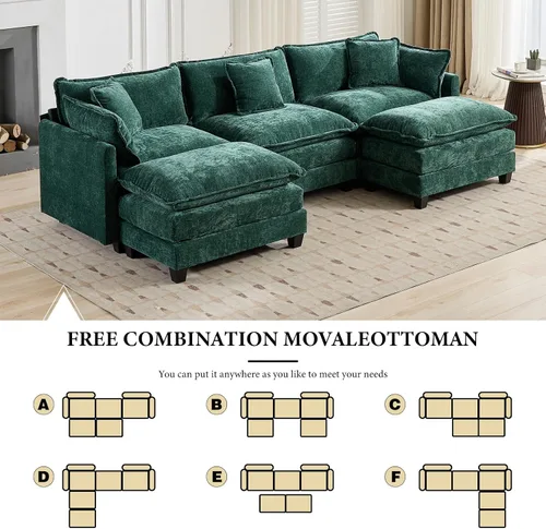 Vista 101 de Sofá seccional modular verde de 111.5", sofás seccionales grandes de 3 plazas para sala de estar, sofá nube oversized de tela chenille con otomana