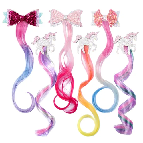 Vista 10 de 8 pinzas para el cabello para niñas, extensiones de cabello de arcoíris liso de animales para niños, accesorios para niñas pequeñas, colas