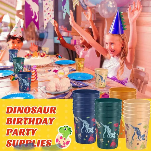 Vista 5 de Nuanchu Paquete de 24 vasos de plástico para fiesta de dinosaurios, suministros de cumpleaños, vaso de dinosaurio reutilizable para decoración