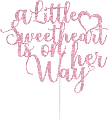 Vista 7 de Decoración para tartas "A Little Sweetheart is on Her Way" con purpurina rosa, nuestra pequeña novia, Oh Baby/Sweet Baby Girl, Día de San Valentín