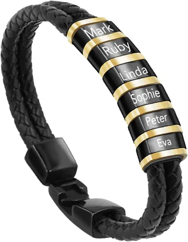 Vista 8 de Pulseras de cuero personalizadas para hombre con 1-6 nombres, pulsera trenzada personalizada con cuentas para papá, marido, día del padre, San