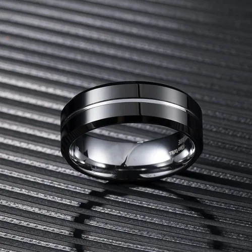 Vista 3 de King Will - Anillo de bodas clásico de carburo de tungsteno para hombre, en color negro, plata, oro, azul, marrón, rojo y púrpura, centro acanalado