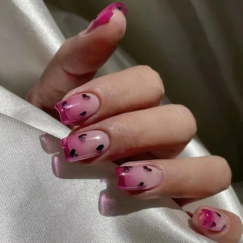 Vista 12 de Uñas postizas a presión para San Valentín, uñas postizas cortas cuadradas MABKJLF nude con diseños de labios, cobertura completa, pegamento