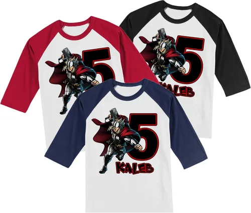 Vista 2 de Personalized Super Hero Birthday Shirt Handmade Decorated Shirt Personalized with Name and Age Unisex 3/4 Sleeve Raglan T-Shirt