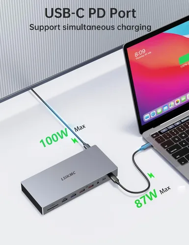 Vista 5 de Estación de acoplamiento para laptop con monitor doble, estación de acoplamiento USB C 15 en 1 con puerto de pantalla dual 4K, HDMI, VGA, 100 W PD