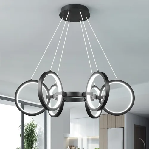 Vista 12 de Moderno candelabro LED regulable redondo, lámparas colgantes de 8 anillos, lámparas colgantes ajustables para cocina, isla, sala de estar, comedor