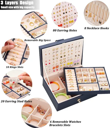 Vista 2 de QBestry Organizador de aretes de tuerca para mujeres y niñas caja de joyería para aretes collar organizador de joyas caja de aretes para mujer