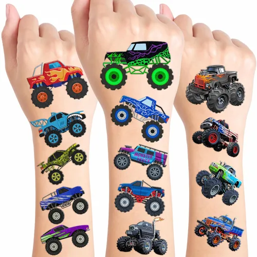 Vista 10 de 96 tatuajes temporales precortados de Monster Truck para niños, suministros para fiestas de cumpleaños, recuerdos y decoraciones súper lindos