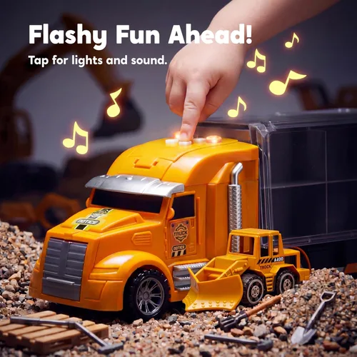 Vista 5 de JOYIN Juego de camiones de construcción 25 en 1 con 12 vehículos y 12 figuras de trabajadores, camiones de juguete Push and Go con sonido y luz