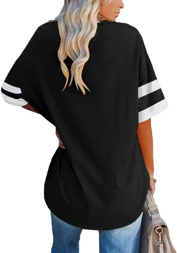 Vista 2 de Fisoew Camisetas de gran tamaño para mujer, camisetas sueltas de media manga con cuello redondo y bloque de color de algodón