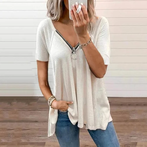 Vista 6 de Women Swim Tee Women Elegant Top Shirt V Neck Zipper Off Shoulder Short Sleeves Printed T Shirt Fashion Casual