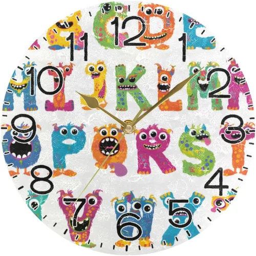 Vista 5 de ALAZA Reloj de pared con letras del alfabeto de monstruo divertido, funciona con pilas, silencioso, de cuarzo, analógico, rústico, rústico, reloj
