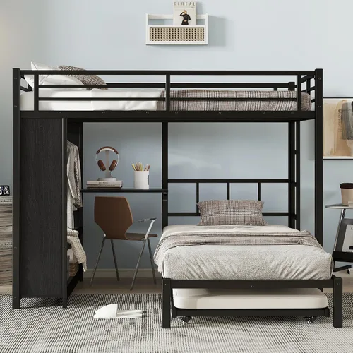 Vista 4 de Full Over Twin Bunk Bed with Trundle and Ladders, Metal Bunk Bed Frame with Built-in Foldable Desk & Wardrobe, Space-Saving Beds for Kids Teens