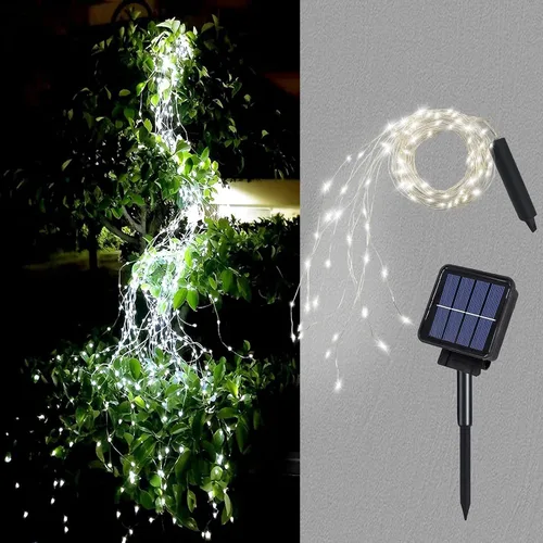 Vista 11 de Luces de cascada de hadas solares para exteriores, impermeables, 200 LED, 8 modos, luz de regadera (SIN REGADERA), luces de cadena alimentadas por