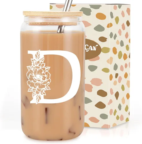 Vista 9 de Taza de Vidrio Inicial Coolife, Regalos Personalizados para Mujeres, Tazas de Vidrio de 16 oz con Tapas y Popotes, Taza para Café Helado, Licuado