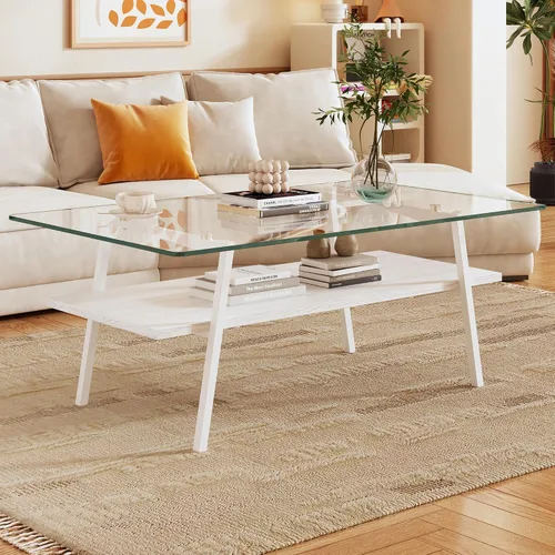 Vista 8 de Mesa de centro moderna rectangular con tapa de vidrio templado con estante de madera para el hogar, sala de estar, oficina, tienda o dormitorio