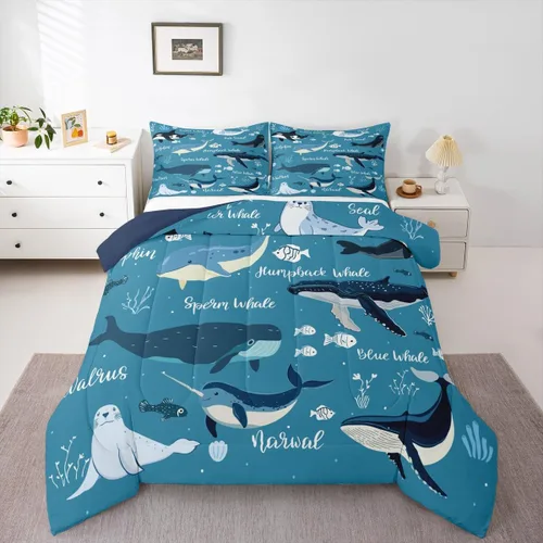 Vista 31 de Erosebridal Blue Ocean - Juego de edredón tamaño individual Juego de ropa de cama de ballena delfín y tortuga marina para niños y niñas, juego