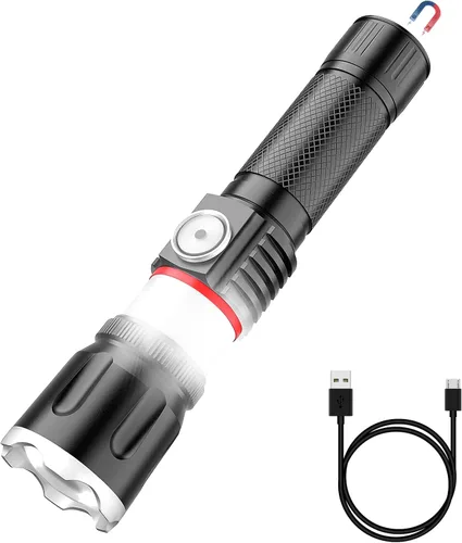 Vista 9 de Linterna recargable por USB, linternas magnéticas LED, linternas tácticas súper brillantes con luz lateral mazorca, impermeable, zoomable, 6 modos