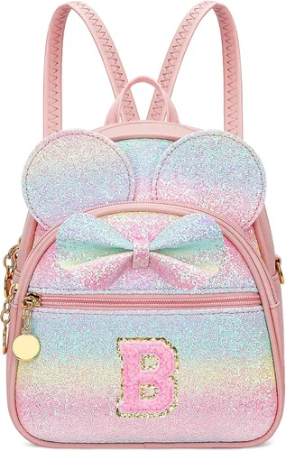Vista 9 de KKXIU Mochilas Mini con Moño Inicial para Niñas y Mujeres, Linda Mochila Pequeña con Asa de Bolso, Regalos Personalizados para Niños, Arcoíris