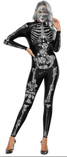 Vista 29 de Sister Amy Disfraz de esqueleto de calavera para mujer de Halloween, traje ajustado de una pieza J-colorido esqueleto