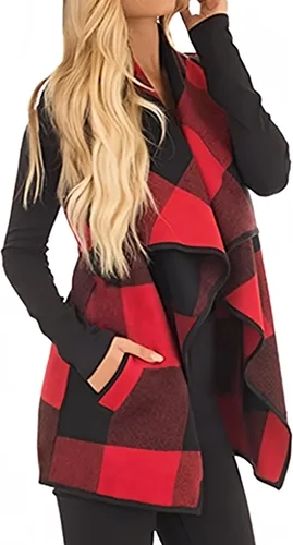 Vista 4 de Unidear - Chaleco con diseño de lana cuadriculada para mujer, chaqueta tipo cárdigan sin mangas, con solapa, frente abierto y bolsillos