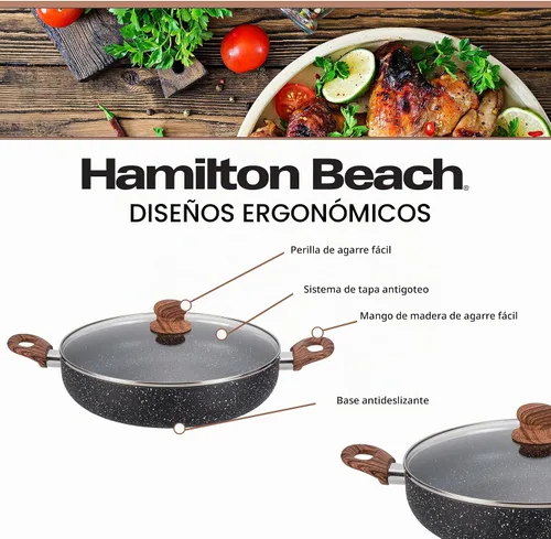Vista 3 de Hamilton Beach Revestimiento de mármol antiadherente de aluminio de 4.5 cuartos de galón, calefacción uniforme, olla redonda para horno de playa Gris